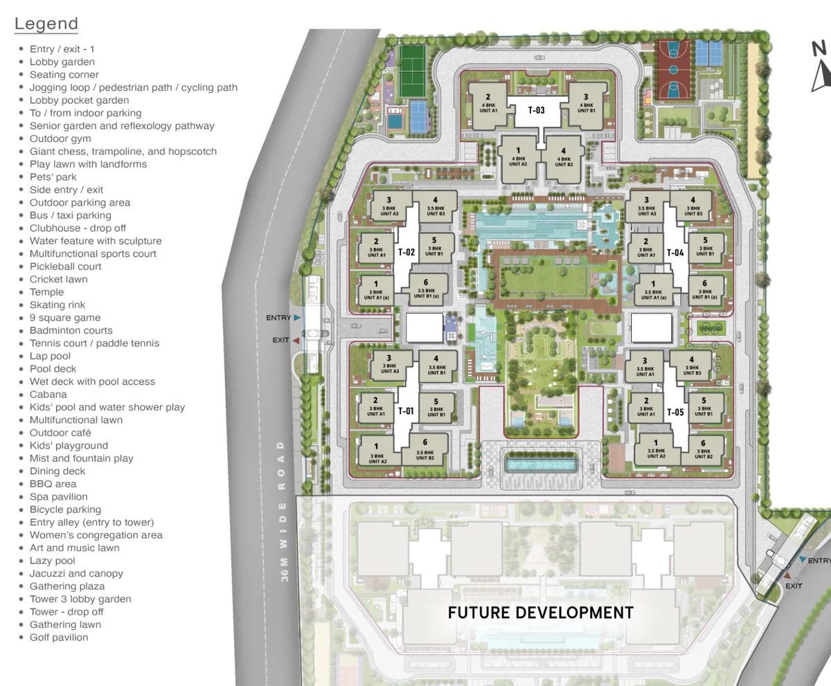 Master plan of Sattva Lago showing 5 towers and central amenity spine in Neopolis, Hyderabad Master plan of Sattva Lago showing 5 towers and central amenity spine in Neopolis, Hyderabad