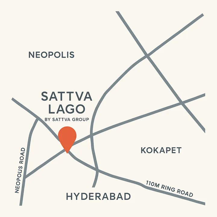 Sattva Lago location map showing Neopolis, Kokapet, Hyderabad and nearby landmarks Sattva Lago location map showing Neopolis, Kokapet, Hyderabad and nearby landmarks